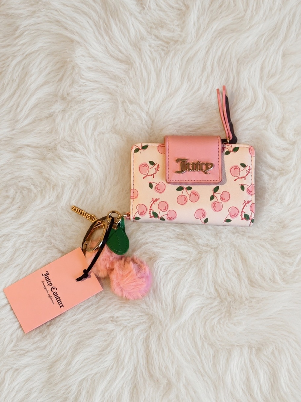 Juicy Couture Pink Cherry Print Wallet with Pom Keychain